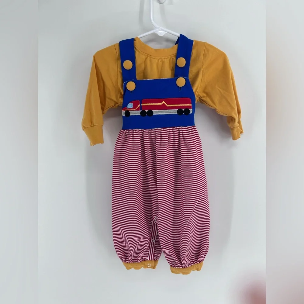 9 month 1 - Busy Bee Smocks Blue & Mustard Truck‎ Appliqué Striped Overalls